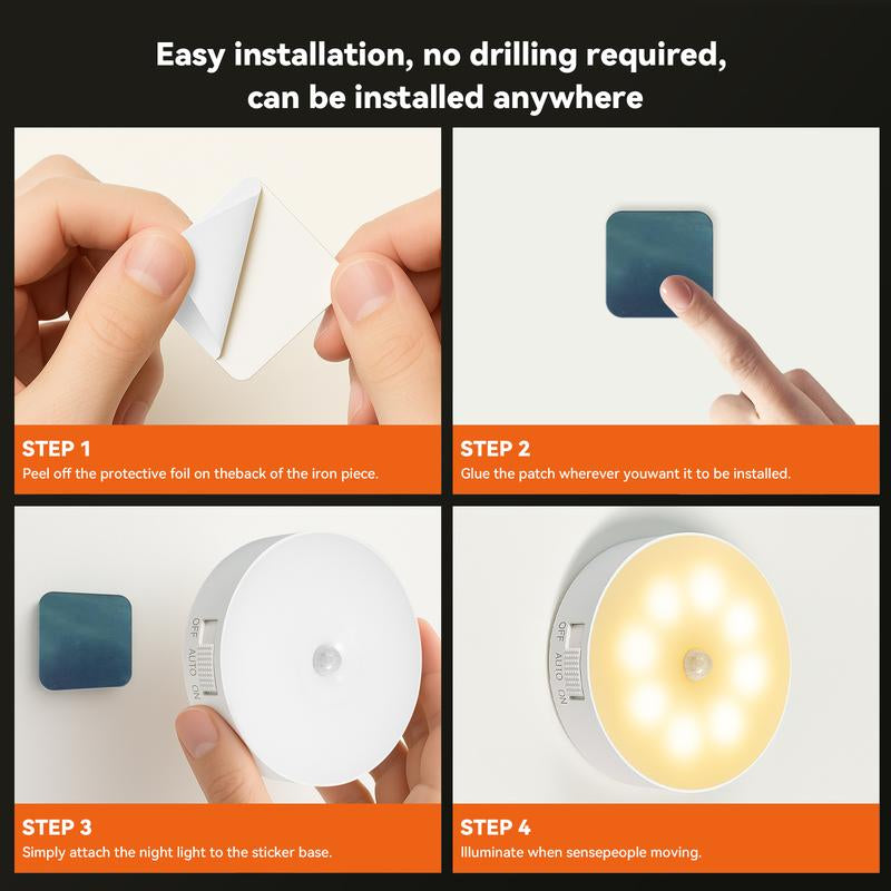 Indoor Motion Sensor Night Light, 2PCS, USB Rechargeable Lamp, Magnetic Mount Warm Light, Suitable for Kitchen, Closet, Pantry, Wardrobe, Coffee Corner, Bathroom, Stairs, Hallway, Sink Cabinet, Laundry Room, Tool Room, Garage, Refrigerator.